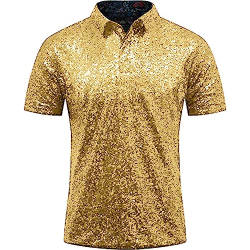 Herren Relaxed Short Sleeve Turndown Sparkles Pailletten Polos Shirts 70er Jahre Disco Nachtclub Party T-Shirts Hemd Überlänge Herren von Xmiral