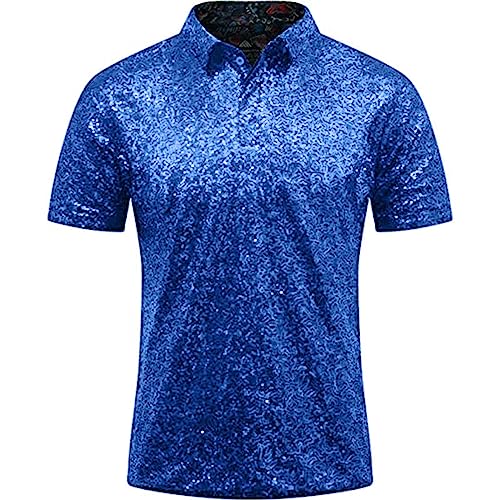 Herren Relaxed Short Sleeve Turndown Sparkles Pailletten Polos Shirts 70er Jahre Disco Nachtclub Party T-Shirts Hemd Überlänge Herren von Xmiral