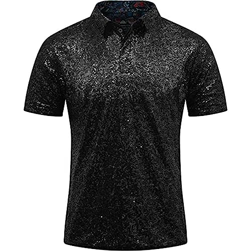 Herren Relaxed Short Sleeve Turndown Sparkles Pailletten Polos Shirts 70er Jahre Disco Nachtclub Party T-Shirts Hemd Überlänge Herren von Xmiral