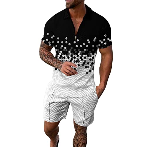 Xmiral Herren Sportswear Print Kurzarm Zip Shirt Shorts Set Sommer Lässige Streetwear Anzüge Sportdress Herren (Schwarz-e,Schwarz-e) von Xmiral