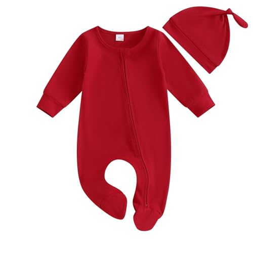 Neugeborenen Baby Jungen Mädchen Footie Strampler Solide Zipper Overall Baby Home Wear Outfit Mit Hut Baby Kleidung Junge Schwarz (Red, 0-3 Months) von Xmiral