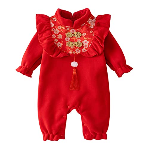 Neugeborenes Baby Jungen Mädchen Hanfu Rüschen Strampler für das chinesische Neujahr Fleece gefüttert warmer Overall Stickerei Tang-Anzug Performance Kostüme Bademantel Kinder (Red, 3-6 Months) von Xmiral