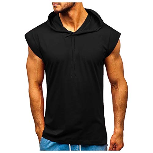 Xmiral Ärmellos Kapuzenpullover Herren Bodybuilding Weste mit Kapuze Schnell Trocknend Oberteile Brusttasche Drucken Fitness Sweatshirts(6- Schwarz,XL) von Xmiral