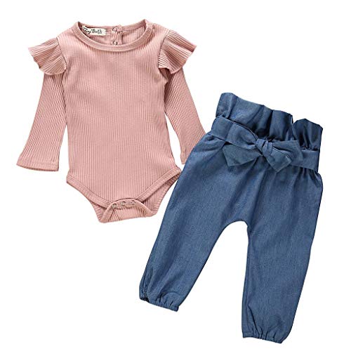 Xmiral Baby Mädchen Langarm Strampler Bodysuit + Jeans Outfits Set Neugeborenen Kinder Pullover Tops Denim Hosen 2 stücke Kleidung Set(Rosa,6-12 Monate) von Xmiral
