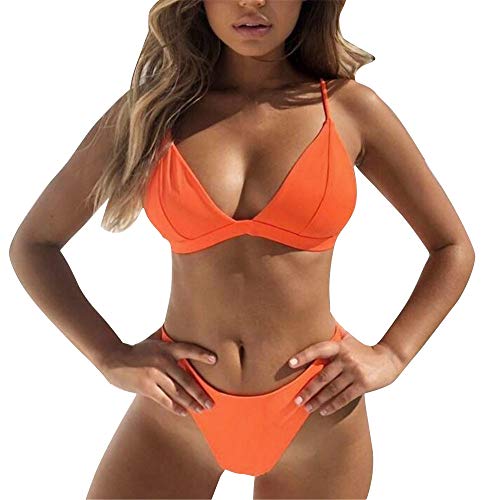 Xmiral Badeanzüge Zwei Stücke Bikini Set Damen Einfarbig Push Up Bademode Reizvolle Bauchweg Zweiteiler(M=DE34-36,Orange) von Xmiral