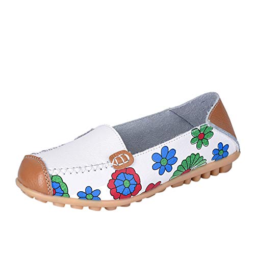 Xmiral Bequeme Leder-Blumendruck-Wohnungen der Frauen L鋝sige fahrende Slipper Wanderschuhe f黵 Frauen(40,a-Wei? von Xmiral