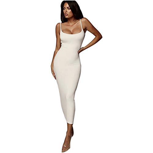 Xmiral Bodycon Damen Ärmelloses, Tief Geschnittenes, Einfarbiges, Langes Kleid mit Schmalem Tank für den Party Evening Club(Weiß,S) von Xmiral