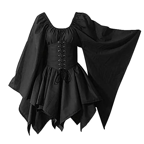 Xmiral Cocktailkleid Damen Abendkleider Elegant für Hochzeit Festliche Kleider Brautjungfernkleid Cosplay Kostüme Gothic Retro Langarm Korsett Kleid (ZC-Black, XL) von Xmiral