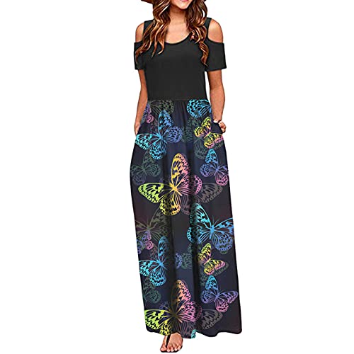 Xmiral Cold Shoulder Maxikleid Damen Hohe Taille Print Strand Sommerkleid Sommer O-Neck Kleid mit Taschen(a-Schwarz,L) von Xmiral
