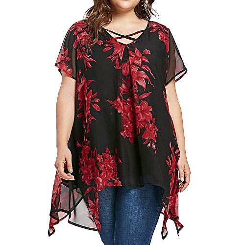 Xmiral Damen Bluse Tops Blume Drucken Dünn Unregelmäßiger Saum Große Größe Shirt Doppelter Chiffon Kurzarm Rundhals Oberteile(Rot,5XL) von Xmiral