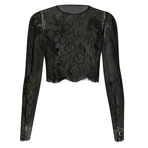 Xmiral Damen Bluse Tops Mesh Durchsichtig Spitze Kurz Kittel Slim Blume Spleiß Shirt Langarm Offener Nabel Spitzenoberteil(Schwarz,XL) von Xmiral