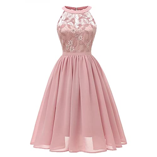 Xmiral Damen Kleid Spitze Vintage Prinzessin Blumenspitze Cocktail Ausschnitt Party A-Line Swing Knöchellangen Kleider (S,Rosa) von Xmiral