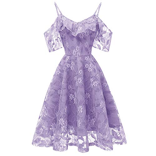 Xmiral Damen Kleid Vintage Prinzessin Blumenspitze Chiffon Rock Cocktail O-Ausschnitt Party A-Line Swing Kleid (XL, 1- Lila) von Xmiral