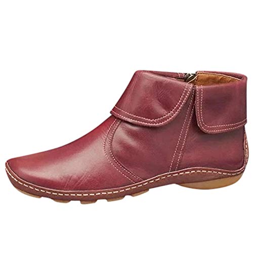 Xmiral Damen Leder Stiefeletten Flach Rutschfeste Reißverschluss Runde Zehe Freizeitschuhe Winter Stiefel Retro Boots (Rot, 39) von Xmiral