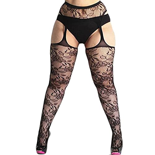 Xmiral Damen Netzstrumpfhose Plus Size Lace Straps Strumpfhosen Strumpf Sexy Hollow Jacquard Sexy Strümpfe(Schwarz,one Size) von Xmiral