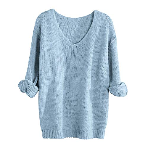 Xmiral Damen Pullover H鋕eln V-Ausschnitt Langarm Pure Color Strick Tops Sweatshirt (XL,Hellblau) von Xmiral