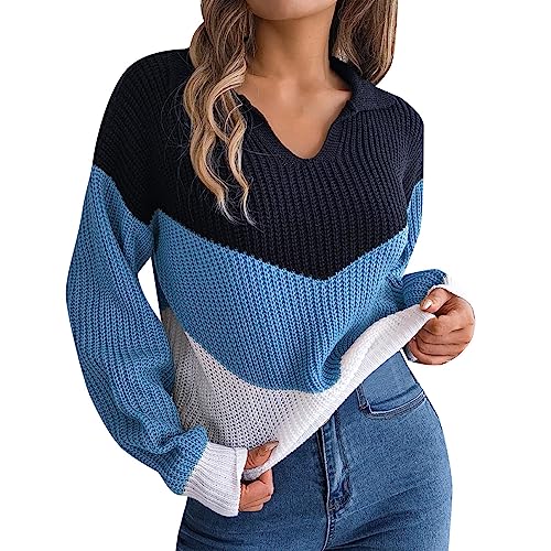 Xmiral Damen Pullover Türkis Damen-Strickpullover mit V-Ausschnitt und Langen Ärmeln, lässig, locker Chinesische Kleidung Damen (Blue #2, L) von Xmiral