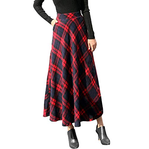 Xmiral Damen Rock Hohe Elastische Taille A-line Plaid Winter Warm Flare Lange Röcke(XXL,Rot) von Xmiral