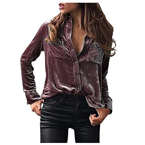 Xmiral Damen Samt Langarm Shirt Geknöpfte Brusttasche Freizeithemd Top Elegante Bluse Streetwear (Dunkelviolett, XL) von Xmiral