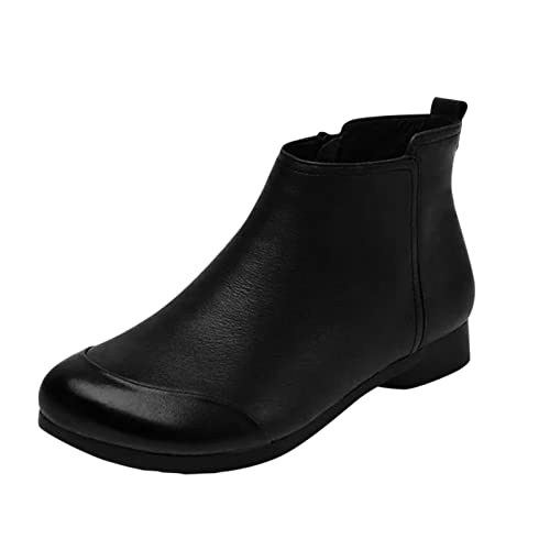 Xmiral Damen Stiefelette Einfarbig Kurze Retro Stiefel Mit Reißverschluss Weiches Leder Runder Zeh Boots (Schwarz, 39.5) von Xmiral