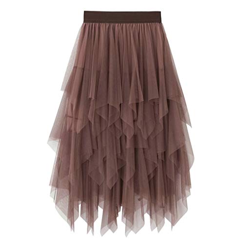 Xmiral Damen Tüll Tutu Rock Mittlere Länge Elastische Taille Unregelmäßig Petticoat Mädchen Chiffon Sommer Unterrock(a Kaffee,One Size) von Xmiral