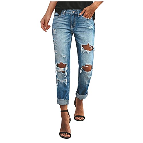 Xmiral Damen Zerrissene Jeans Einfarbig Loch Hohe Jeans Knöchel Mode Gewaschene Denim Hosen (Blau, XXL) von Xmiral