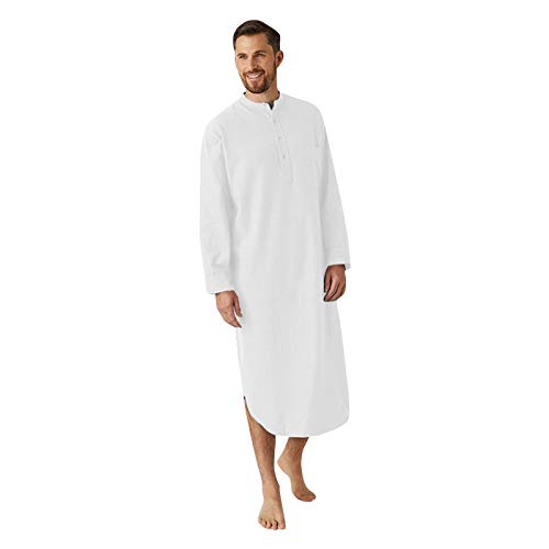 Xmiral Einfarbige Robe Herren Arabischer Stil Button-Down Langarm Henry Collar Nachthemd(Weiß,XXL) von Xmiral
