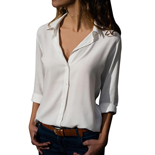 Xmiral Frauen Damen Chiffon Langarm Umlegekragen Shirt Casual Lose Tops Bluse (L,Weiß) von Xmiral