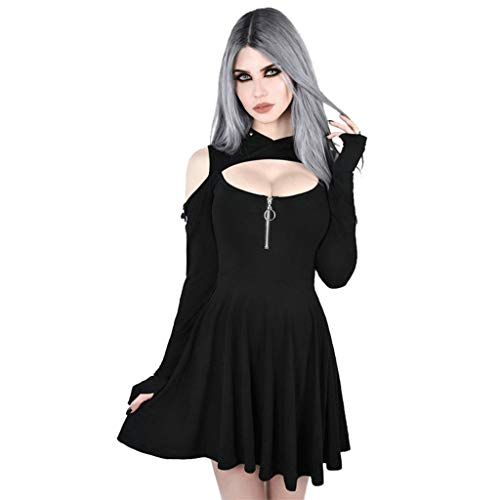 Xmiral Gothic Kleid Damen Einfarbig Hohe Taille Mit Kapuze Minikleid Cold Shoulder Reißverschluss Cosplay Kostüm(Schwarz,L) von Xmiral