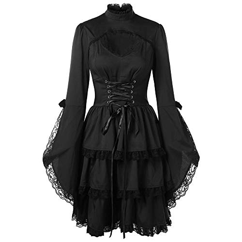 Xmiral Gothic Kleid Damen Flared Sleeve Rollkragenpullover Ausschnitt Binden Spitze N鋒en Cosplay Ballkleid(Schwarz,M) von Xmiral