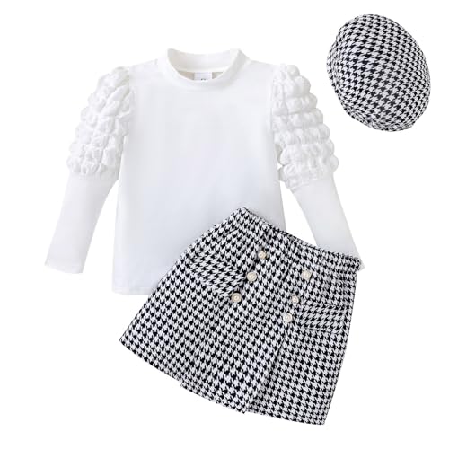 Xmiral Herbst-Outfits für Kleinkinder, Mädchen, gestreifter Pullover mit Blasenärmeln und karierter bedruckter Rock mit Hut Bekleidungsset Mädchen 98 (White, 6 Years) von Xmiral