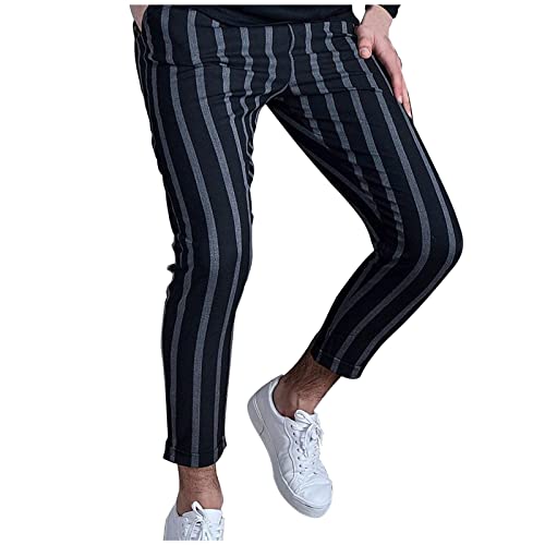 Xmiral Herren Farbe Karierte Anzughose Enge Bleistifthosen Gestreiftes Gitter Hosen Mit Elastischer Taille (06 Schwarz - grau, M) von Xmiral