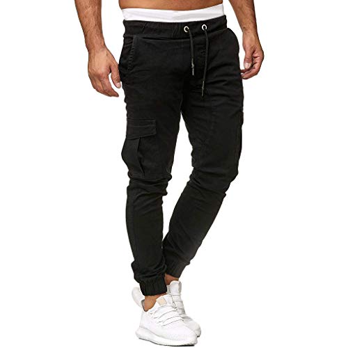 Xmiral Herren Hosen Tunnelzug Multi-Tasche Cargohose Einfarbig Slim Fit Jogginghose Beiläufig Elastisch Gerade Sweatpants(Schwarz,M) von Xmiral