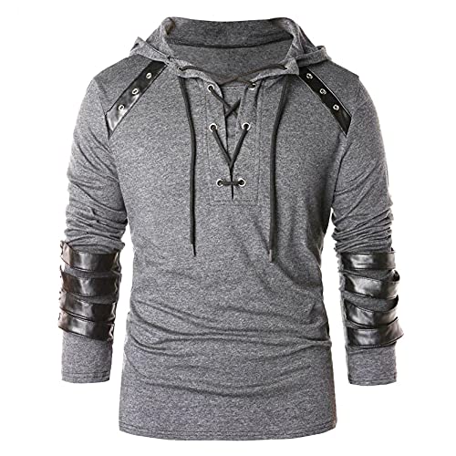 Xmiral Herren Kapuzenoberteile Kordelzug Vintage Leder Patchwork Langarm Sweatshirt Tops Pullover(b-Grau,XXL) von Xmiral