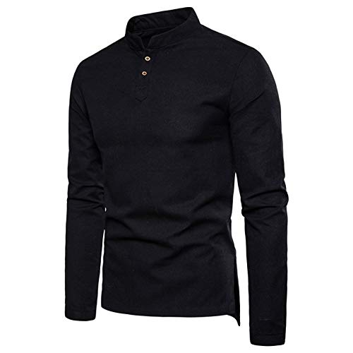 Xmiral Herren Lässige Mode Einfarbiges Leinen Langarm Henry Collar T-Shirt Mit Kragen Und Geteiltem Saum Stehkragen Hemd(Schwarz,5XL) von Xmiral