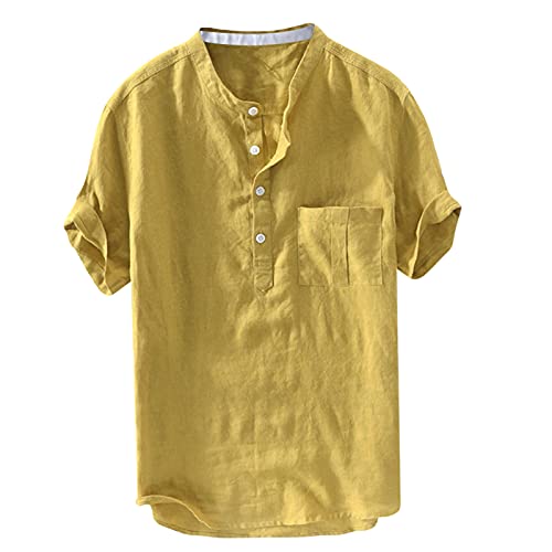 Xmiral Herren Leinenhemd leinen Shirt Kurzarm Hemden mit Stehkragen Kurze Knopfleiste (3XL, Gelb mit Brusttasche) von Xmiral