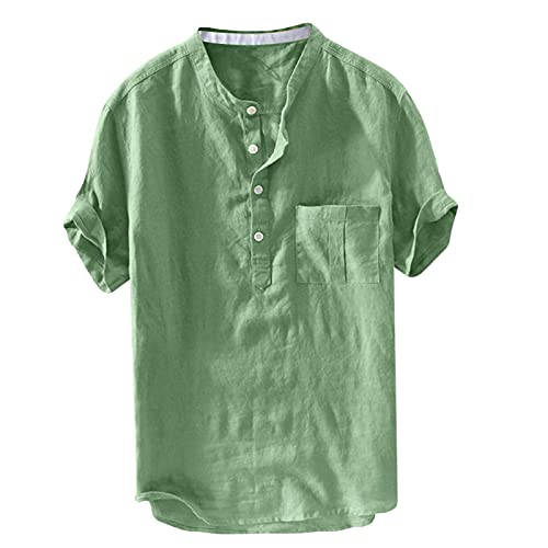 Xmiral Herren Leinenhemd leinen Shirt Kurzarm Hemden mit Stehkragen Kurze Knopfleiste (3XL, Gr黱 mit Brusttasche) von Xmiral