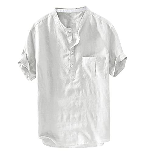 Xmiral Herren Leinenhemd leinen Shirt Kurzarm Hemden mit Stehkragen Kurze Knopfleiste (3XL, Weiß mit Brusttasche) von Xmiral