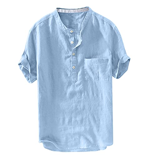 Xmiral Herren Leinenhemd leinen Shirt Kurzarm Hemden mit Stehkragen Kurze Knopfleiste (L, Blau mit Brusttasche) von Xmiral