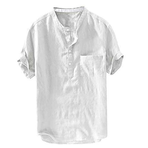Xmiral Herren Leinenhemd leinen Shirt Kurzarm Hemden mit Stehkragen Kurze Knopfleiste (L, Weiß mit Brusttasche) von Xmiral
