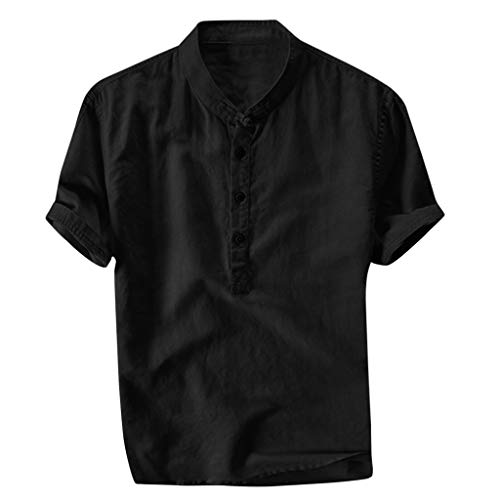 Xmiral Herren Leinenhemd leinen Shirt Kurzarm Hemden mit Stehkragen Kurze Knopfleiste Slim fit für Männer(Schwarz,XL) von Xmiral