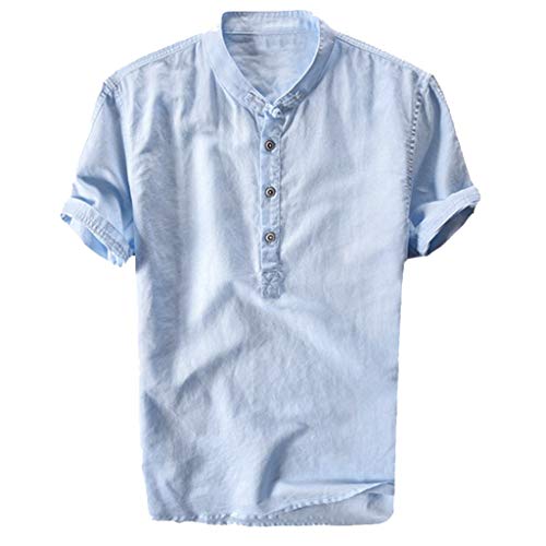 Xmiral Herren Leinenhemd leinen Shirt Kurzarm Hemden mit Stehkragen Kurze Knopfleiste in weiß schwarz Navy blau Slim fit für Herren(Blau,XL) von Xmiral