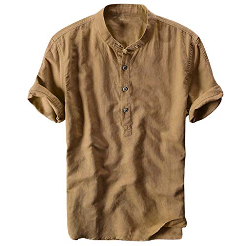 Xmiral Herren Leinenhemd leinen Shirt Kurzarm Hemden mit Stehkragen Kurze Knopfleiste in weiß schwarz Navy blau Slim fit für Herren(Khaki,3XL) von Xmiral