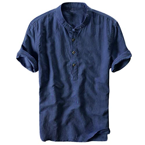 Xmiral Herren Leinenhemd leinen Shirt Kurzarm Hemden mit Stehkragen Kurze Knopfleiste in weiß schwarz Navy blau Slim fit für Herren(Marine Blau,XXL) von Xmiral
