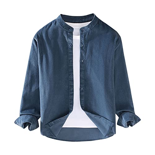 Xmiral Herren-Retro-Cordhemd mit Stehkragen, einfarbig, modisches Langarmhemd Herren Hemd Streifen (3XL,Blau #1) von Xmiral
