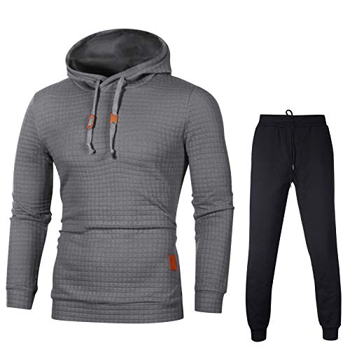 Xmiral Herren Sweatshirt Top + Hosen Herbst Langarm Plaid Hoodie Mit Kapuze T-Shirt Outwear(Dunkelgrau mit Hosen,XL) von Xmiral