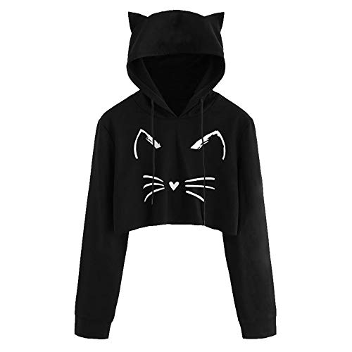 Xmiral Hoodie Pullover Damen Kapuzenpullover Casual Langarm Cat Kitty Print Kurze Bluse Top (M,Schwarz) von Xmiral