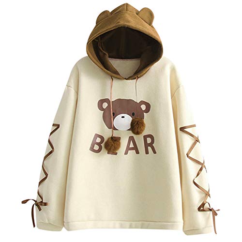 Xmiral Hoodies Damen Gedruckt Bär Ohr Kappe Haar Ball Nettes Sweatshirt Mit Kapuzenpullover Langarm Herbst Winter Band Jumper(Gelb,3XL) von Xmiral