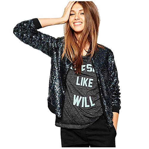 Xmiral Jacke Damen Pailletten Baseball Uniform Slim Fit Reißverschluss Sportmantel Lässige Einfarbig Oberbekleidung(Blau,M) von Xmiral