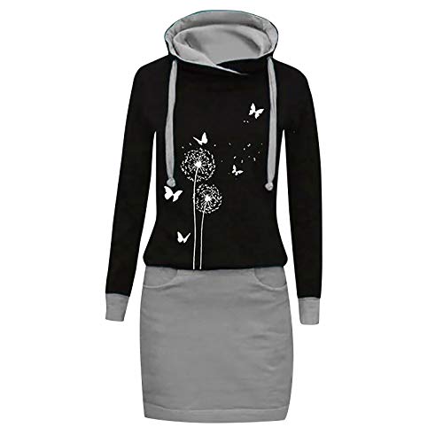 Xmiral Kapuzen-Kleid Farbblock Langarm Damen Lange Sweatshirt Beiläufig Fake Zwei Pullover Kleider(a-Grau,XL) von Xmiral